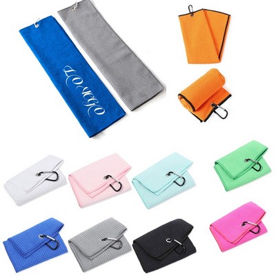 Microfiber Waffle Trifold Golf Towel With Carabiner Clip